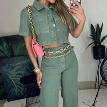 Load image into Gallery viewer, European and American womens clothing set Fashion lapel sleeveless top Loose pants Solid color set