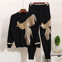 Load image into Gallery viewer, Autumn Winter Knitted Women Tracksuit Sequins Beading Phoenix Long Sleeve Loose Sweater + Casual Pants Two Piece Set D1281