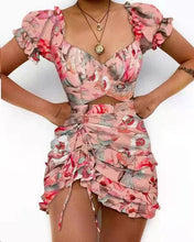 Load image into Gallery viewer, European and American Fashion Printed Drawstring Ruffle Sexy Short Sleeved Dress
