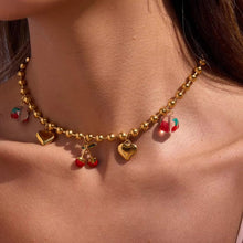 Load image into Gallery viewer, Gold Cherry Heart Necklace for Women – Waterproof, Hypoallergenic, Adjustable 16-Inch Chain with 2-Inch Extension