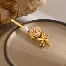 Load image into Gallery viewer, Ios Pearl French Hair Pin with Starfish and Shell Design – Hypoallergenic and Waterproof Accessory