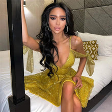 Load image into Gallery viewer, Combhasaki Women Shiny Sequined Party Dress Solid Color Spaghetti Strap V-Neck A-Line Cocktail Clubwear Short Mini Dresses