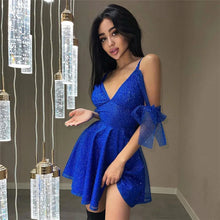 Load image into Gallery viewer, Combhasaki Women Shiny Sequined Party Dress Solid Color Spaghetti Strap V-Neck A-Line Cocktail Clubwear Short Mini Dresses