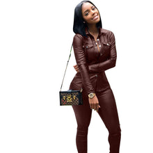 Load image into Gallery viewer, Sexy Two Piece Set Women Plus Size PU Leather Long Sleeve Top and Bodycon Pant Suit