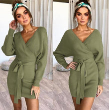 Load image into Gallery viewer, Dicloud sexy v neck sweater dress women knitted vestidos bandage bodycon hollow out wrap dress winter female party dresses