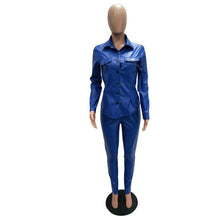 Load image into Gallery viewer, Sexy Two Piece Set Women Plus Size PU Leather Long Sleeve Top and Bodycon Pant Suit