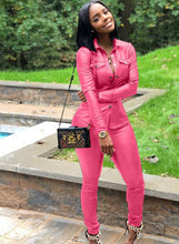 Load image into Gallery viewer, Sexy Two Piece Set Women Plus Size PU Leather Long Sleeve Top and Bodycon Pant Suit