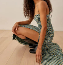 Load image into Gallery viewer, Romantic Blue Geometric Print Bandage Spaghetti Strap Midi Dress Retro Women Lacing Up Sling Slit Dresses Holiday Robe