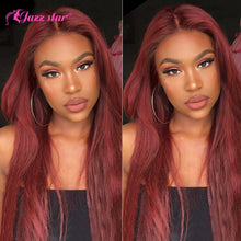Load image into Gallery viewer, Burgundy 13x4 HD Transparent Lace Front Human Hair Wigs 99J Straight Lace Frontal Wig For Women Pre Plucked Non-Remy Jazz Star