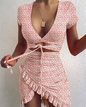 Load image into Gallery viewer, Cryptographic Floral Print Fashion Tie Up Wrap Mini Dress 2021 Summer Holiday Ruffles Sundress Ruched Women's Dress Short Sleeve - Bianca's hair and beauty supply