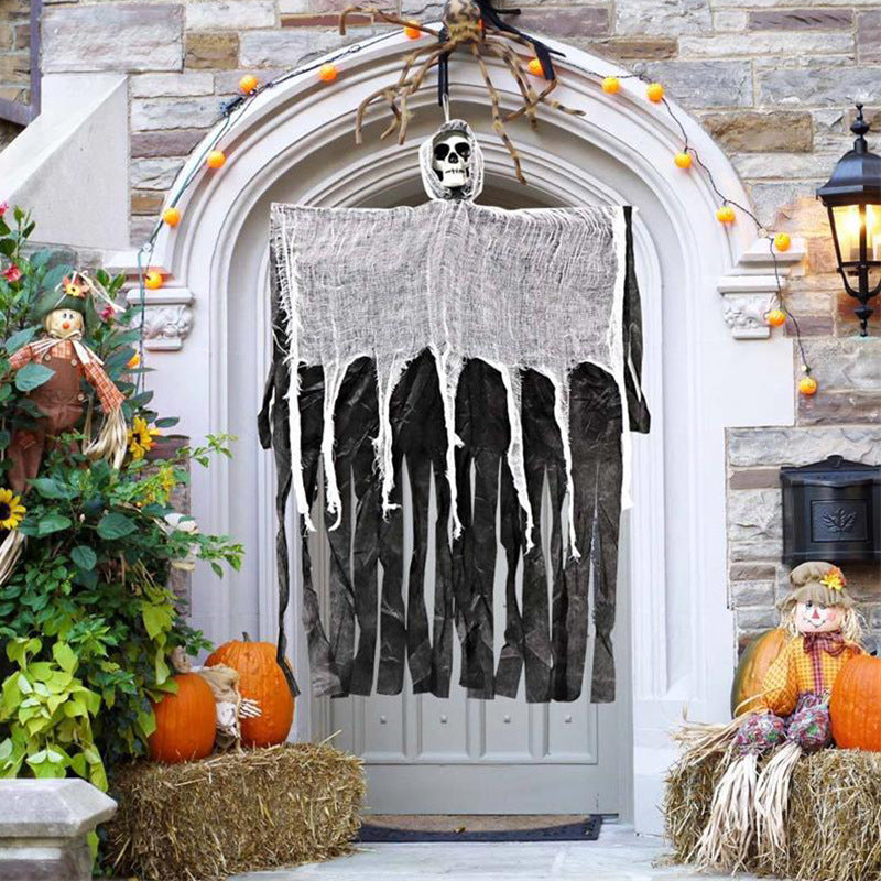 Scary Halloween Decorations Skull Gauze Door Hanging Prop Black White Plastic