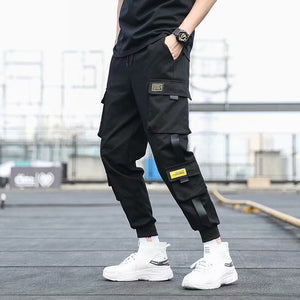 Men's Side Pockets Cargo Harem Pants Ribbons Black Hip Hop Casual Male Joggers Trousers Fashion Casual Streetwear Pants