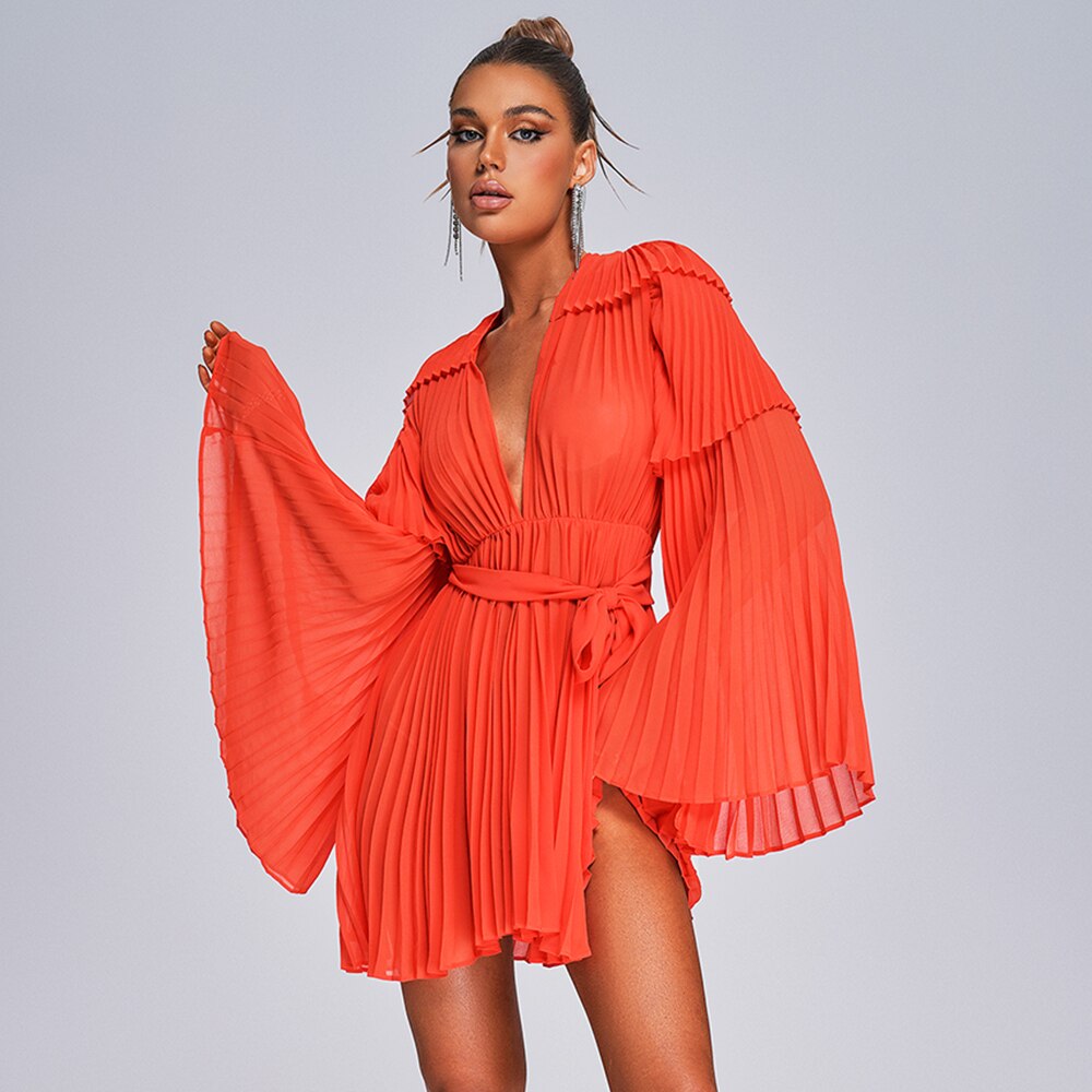 Modphy  Summer New Flare Long Sleeve V-neck Bright Pleated Women Sexy Empire Waist Party Chiffon Dress Draped Vestidos