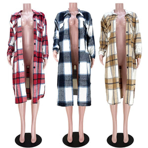 ANJAMANOR Elegant Fashion Checkered Coat Women Autumn Winter Clothing  Single Breasted Long Flannel Plaid Jacket D74-DG57