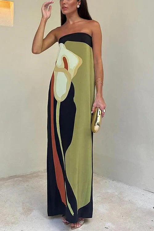 Women’s Abstract Print Strapless Lightweight Column Silhouette Maxi Dress