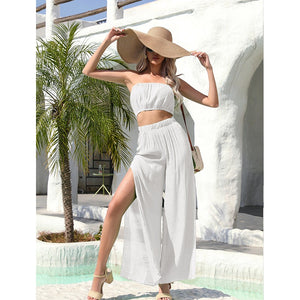 New beach vacation casual suit side slit trousers tube top top solid color sunscreen suit