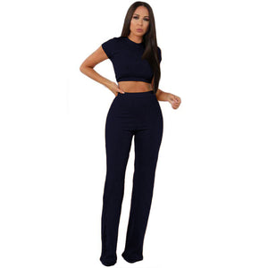 New Fashion Casual Suit Women's High Elastic Cotton Pit Strip Wide Leg Pants Two-Piece Set