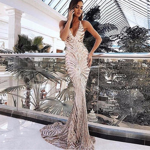 Elegant Deep V Neck Party Dresses Gold Sequined Maxi Dresses Backless Bodycon Evening Club Mermaid Dress