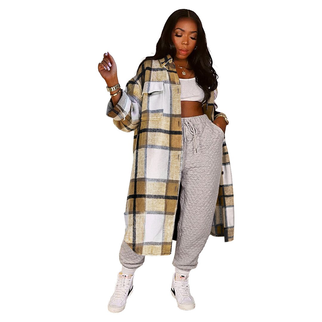 ANJAMANOR Elegant Fashion Checkered Coat Women Autumn Winter Clothing  Single Breasted Long Flannel Plaid Jacket D74-DG57