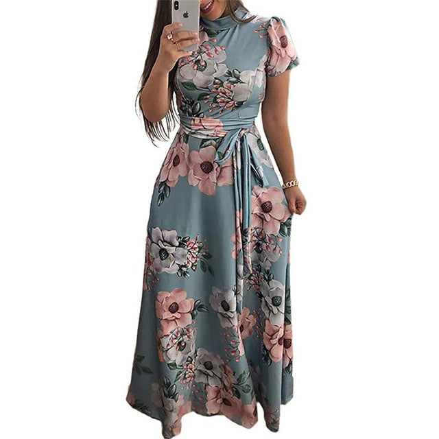 Women Summer Dress  Casual Short Sleeve Long Dress Boho Floral Print Maxi Dress Turtleneck Bandage Elegant Dresses Vestido