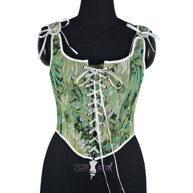 Retro new Monet oil painting style yarn dyed ink front strap fish bone outerwear women small vest corset