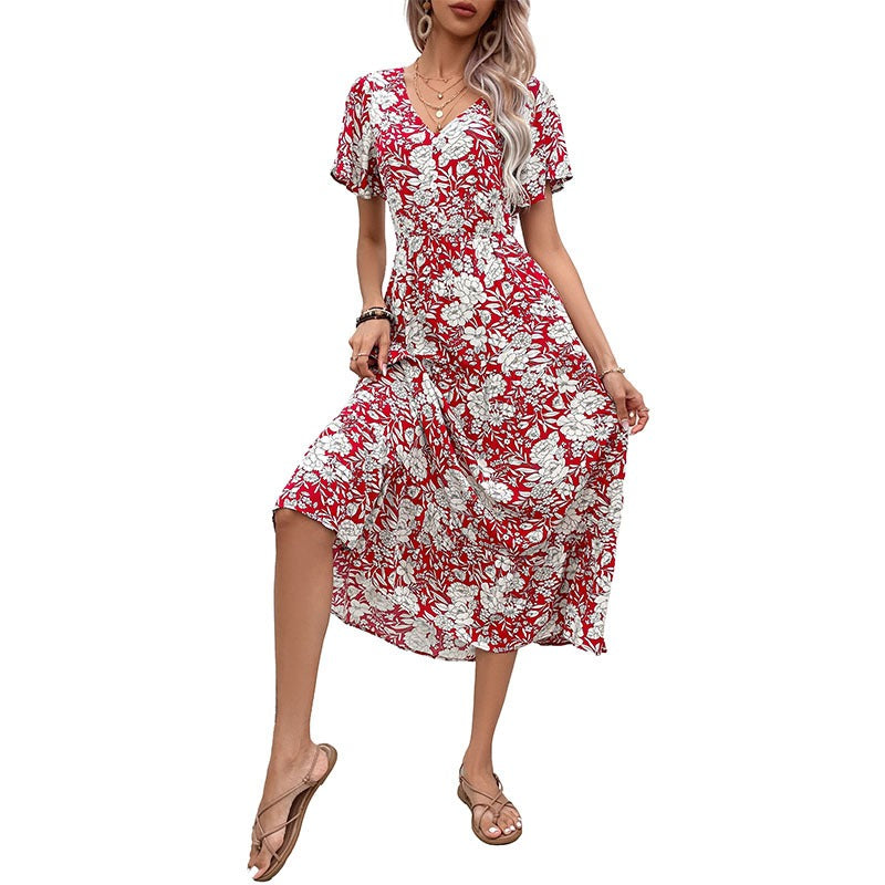 Summer New European and American Fashion Women's Red Print Temperament Dress