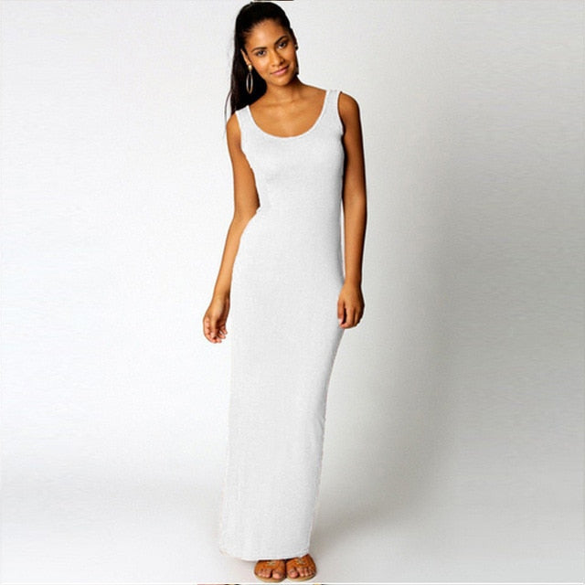 Elegant Women Sexy Dress O-Neck Sleeveless Slim Maxi Dress High Stretch Tank Robe Spring Summer Thin Long Dress Vestidos