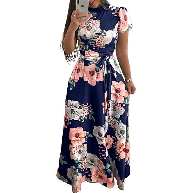 Women Summer Dress  Casual Short Sleeve Long Dress Boho Floral Print Maxi Dress Turtleneck Bandage Elegant Dresses Vestido