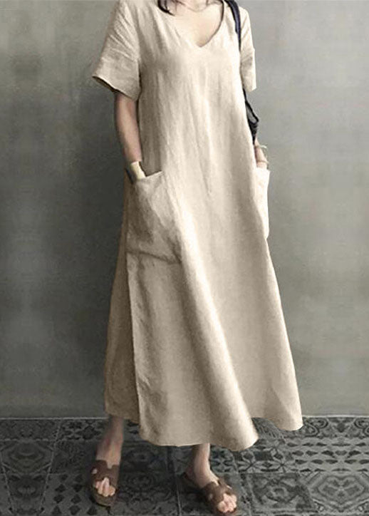 Women's Summer Dress Blue Cotton V-Neck with Pockets