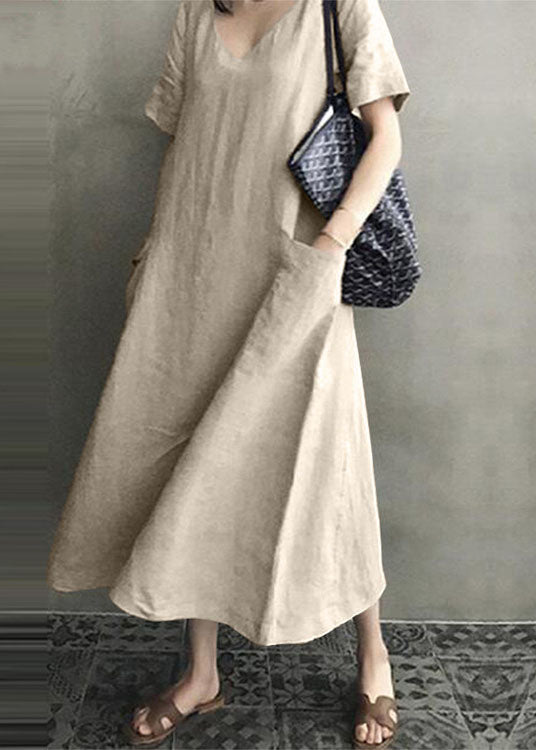 Women's Summer Dress Blue Cotton V-Neck with Pockets