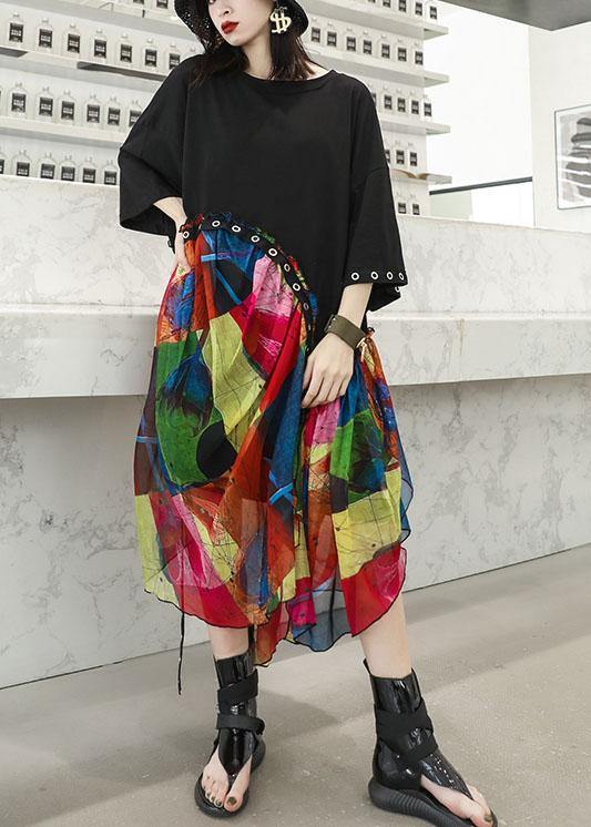 Women's Summer Dress Black Cotton Chiffon Patchwork