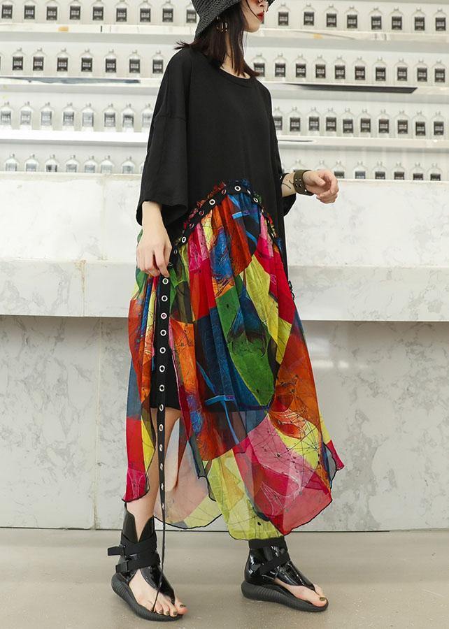 Women's Summer Dress Black Cotton Chiffon Patchwork