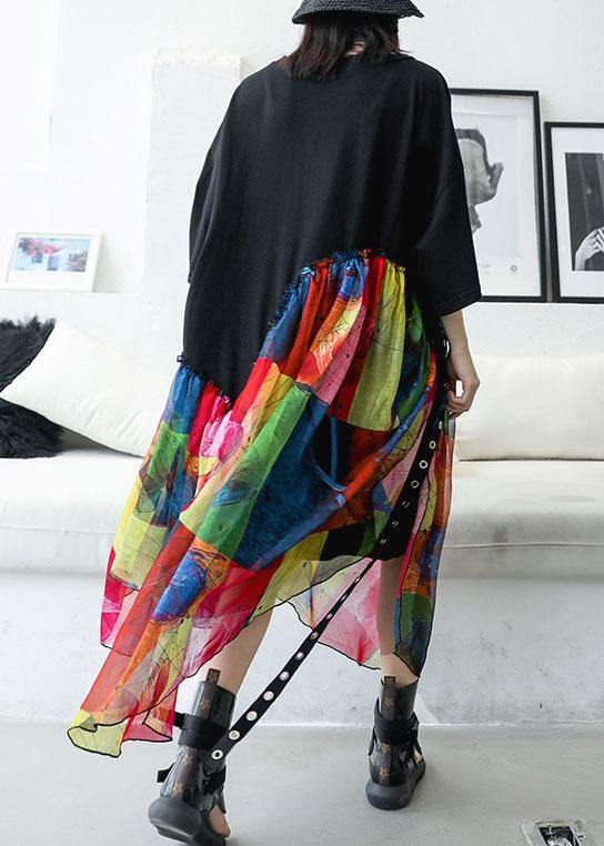 Women's Summer Dress Black Cotton Chiffon Patchwork