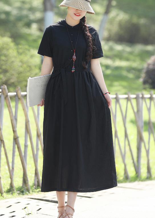 Women's Long Sleeve Dress Black Linen Tie Waist Summer