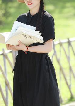 Women's Long Sleeve Dress Black Linen Tie Waist Summer