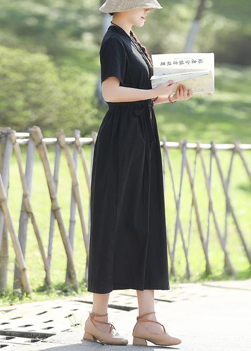 Women's Long Sleeve Dress Black Linen Tie Waist Summer