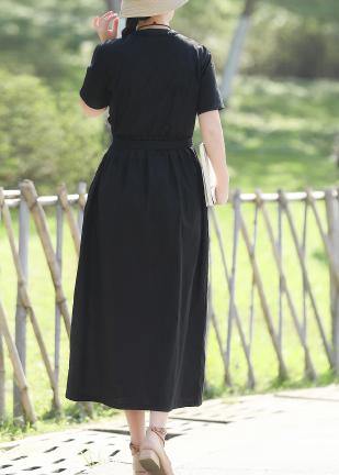 Women's Long Sleeve Dress Black Linen Tie Waist Summer