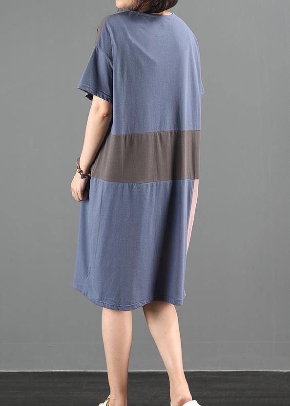 Women's Plus Size Summer Dress Blue Cotton O-Neck Patchwork
