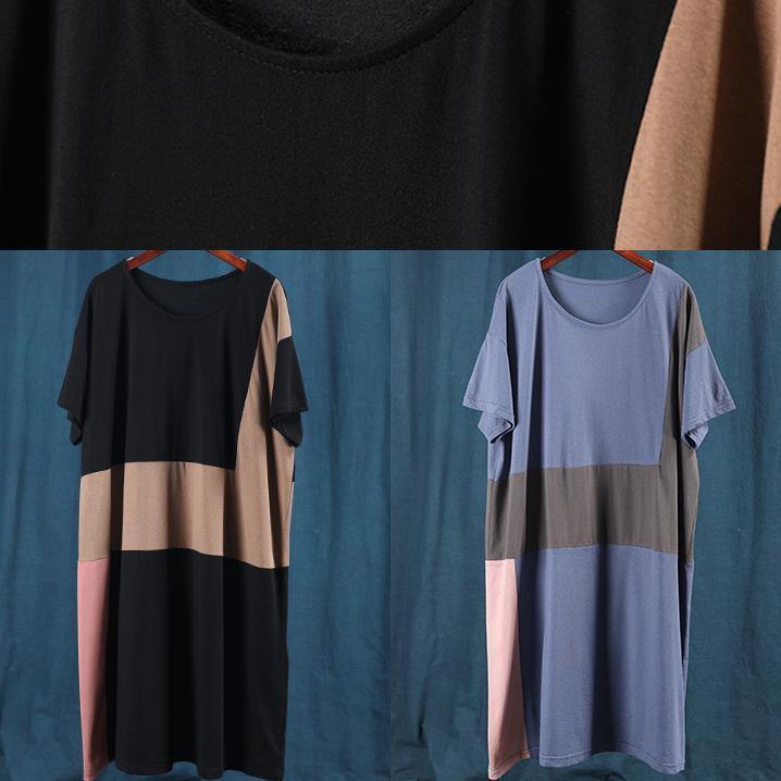 Women's Plus Size Summer Dress Blue Cotton O-Neck Patchwork