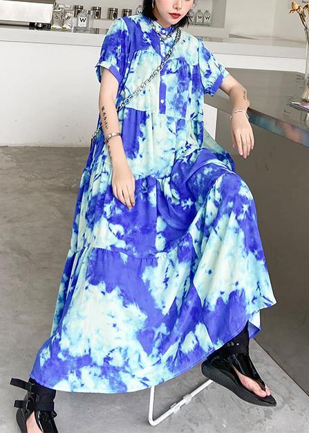 Women's Plus Size Tunic Dress Blue Cotton Stand Collar