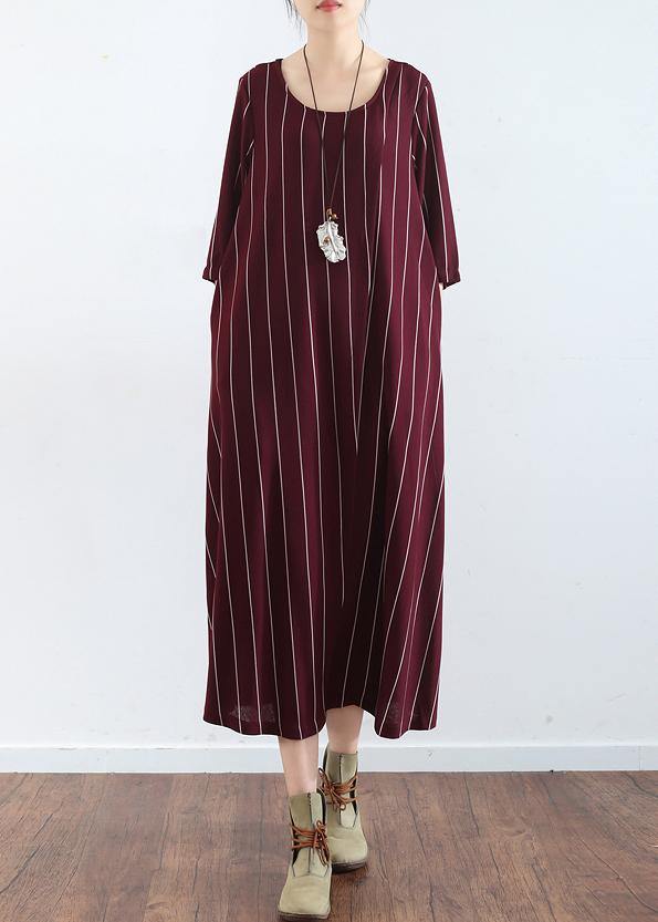 Women's Plus Size Summer Dress Burgundy Cotton Striped Maxi