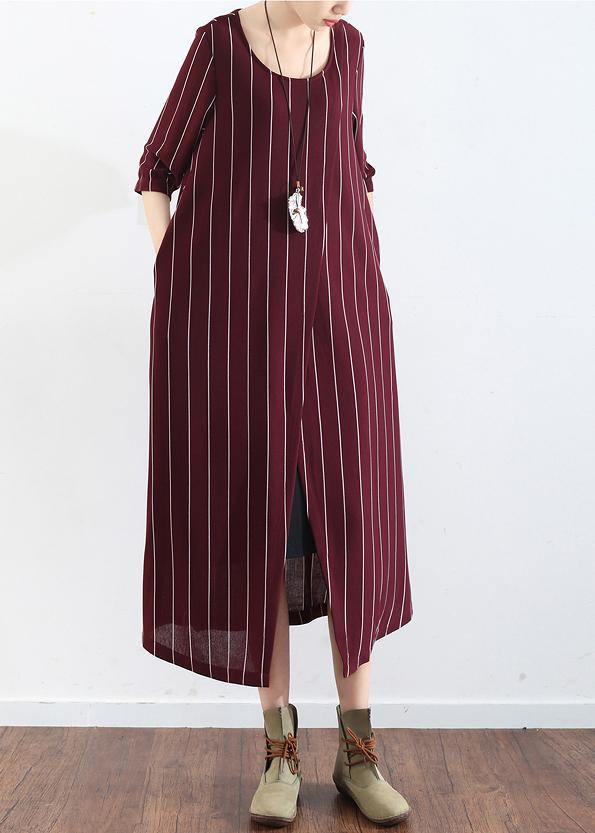 Women's Plus Size Summer Dress Burgundy Cotton Striped Maxi