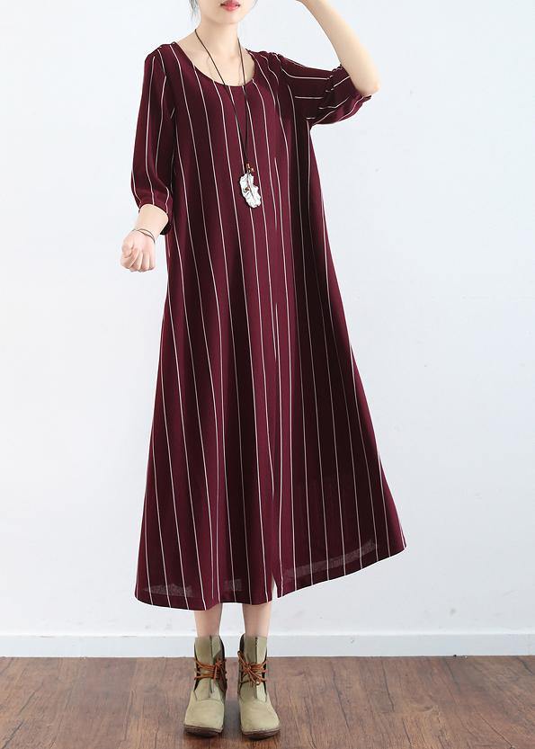 Women's Plus Size Summer Dress Burgundy Cotton Striped Maxi