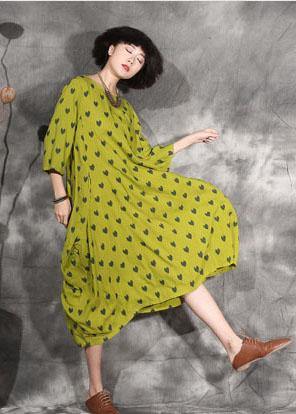 Women's Summer Dress Yellow Dotted Linen