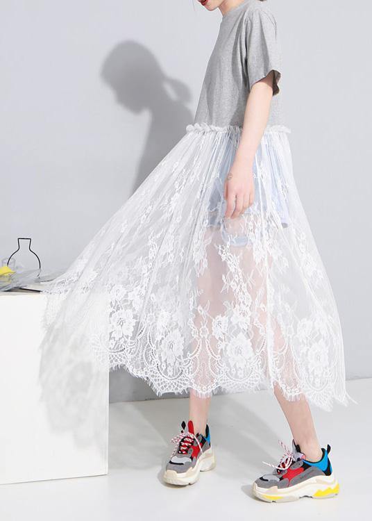 Women's Maxi Dress Gray Cotton Plus Size O-Neck Patchwork