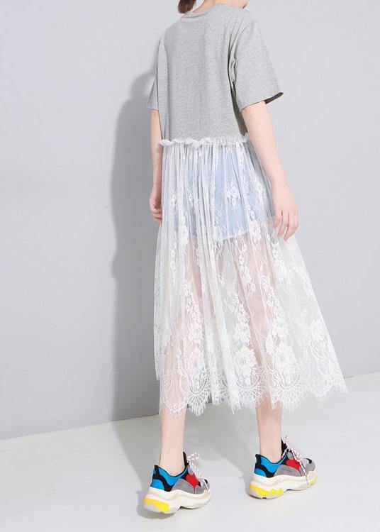 Women's Maxi Dress Gray Cotton Plus Size O-Neck Patchwork