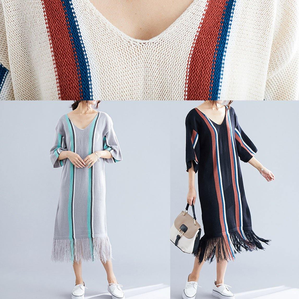 Women's Tunic Dress Gray Cotton V-Neck Loose Fit