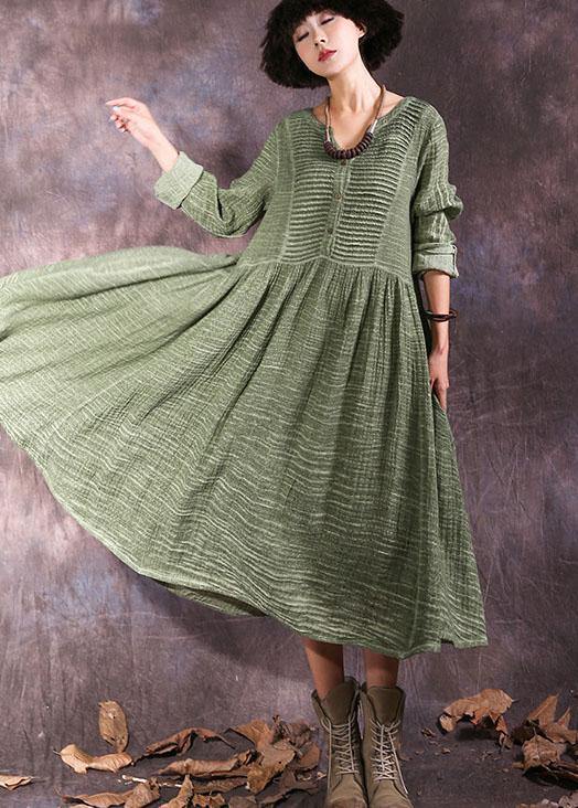 Women's Maxi Dress Green Cotton Long Sleeve V-Neck