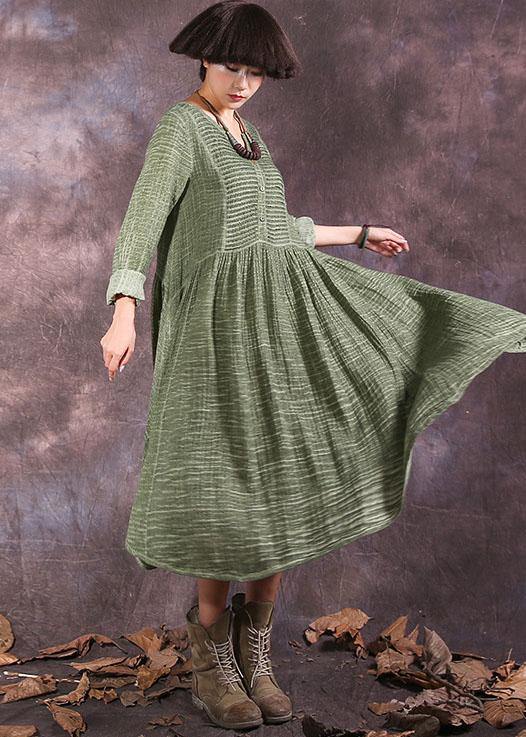 Women's Maxi Dress Green Cotton Long Sleeve V-Neck