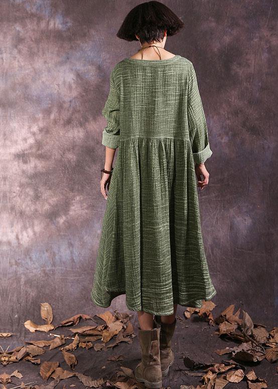 Women's Maxi Dress Green Cotton Long Sleeve V-Neck